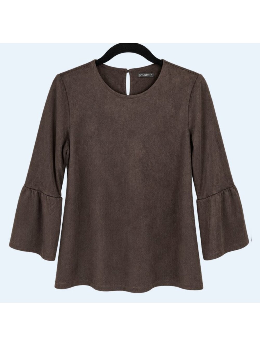 J McLaughlin Keaton Top Womens S Faux Suede Mocha Brown Bell Sleeve Stretch Keyh